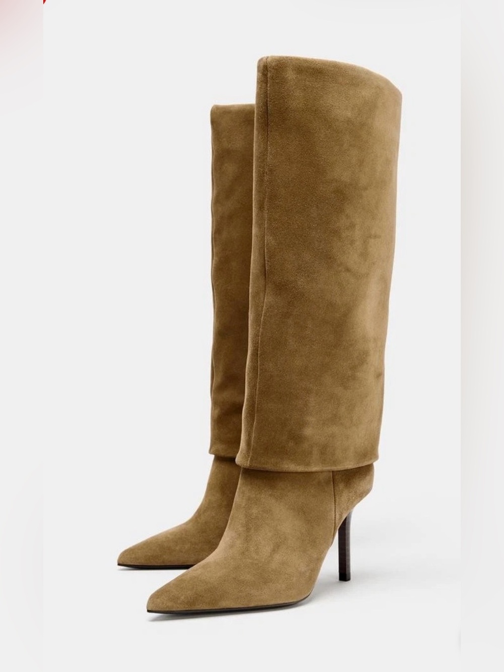 Zara Tan Suede Knee High Pointed-Toe Boots Size 7.5